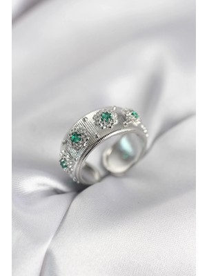 K-Yonlineticaret Yeşil Zirkon Taşlı Gümüş Renk Vintage Kadın Yüzük