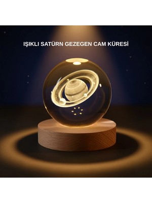 Belle Fusion Mey Ithalat® Satürn Desenli Kristal Küre LED Gece Lambası Ahşap Standlı