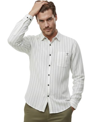 Deepsea Haki Rahat Kalıp Çizgili Erkek Gömlek – Cepli Ahşap Düğmeli Doğal Dokulu Yeni Sezon 2602623