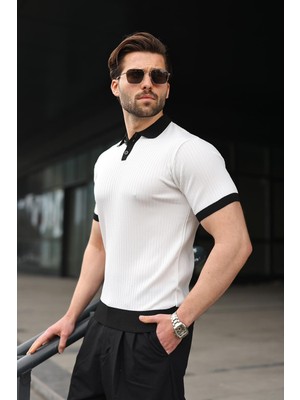 Madmext Beyaz Polo Yaka Triko Erkek Tişört E7471