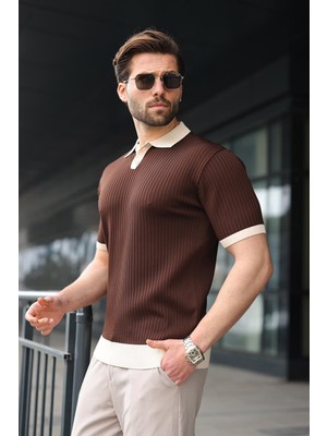 Madmext Kahverengi Polo Yaka Triko Erkek Tişört E7471