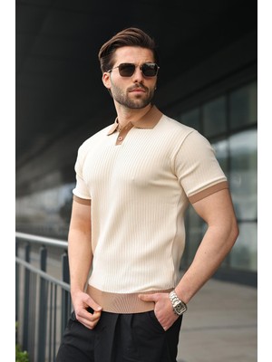 Madmext Taş Rengi Polo Yaka Triko Erkek Tişört E7471