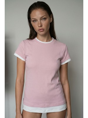 Madmext Pudra Bisiklet Yaka Çift Renkli Basic Tişört MG2682