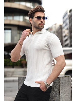 Madmext Beyaz Polo Yaka Triko Erkek Tişört E7469