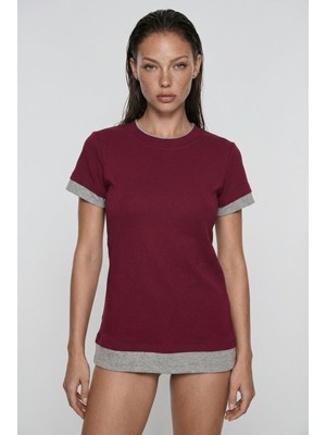 Madmext Bordo Bisiklet Yaka Çift Renkli Basic Tişört MG2682