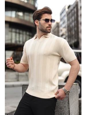 Madmext Taş Rengi Polo Yaka Triko Erkek Tişört E7469