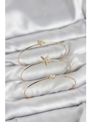 Belle Fusion Mey Ithalat® Gold Renk Zirkon Taşlı Deniz Yıldızı Model 3'lü Kadın Bileklik Kombini