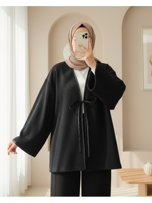 Moda Morfo Önü Bağlamalı Deri Detaylı Salaş Kimono  -Siyah