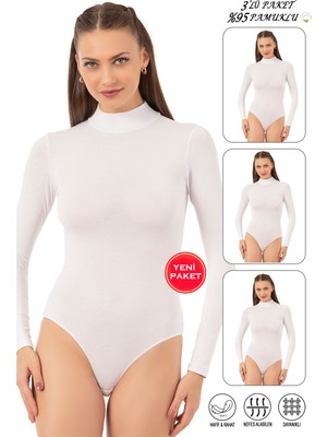 Özkan Underwear Özkan 0614 3'lü Paket Kadın Beyaz Renk Penye Likralı %95 Pamuklu Fit Kalıp Balıkçı Dik Yaka Çıtçıtlı Body Uzun Kollu Kancalı Zıbın