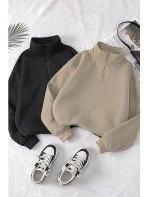 Trendseninle Kadın Vizon Siyah Oversize Yarım Fermuarlı 2li Sweatshirt Set