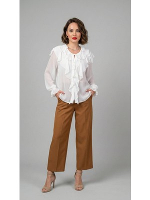 Butik Utopia Kolları Büzgülü Yakası Fırfır Detay Şifon Gömlek
