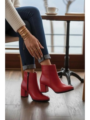 Marina Rosse Kadın Kırmızı Cilt Liva Düz Topuklu Kısa Bot
