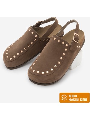 Marjin Kadın Hakiki Deri Eva Taban Önü Kapalı Zımbalı Günlük Sandalet Bolve Kahve Süet