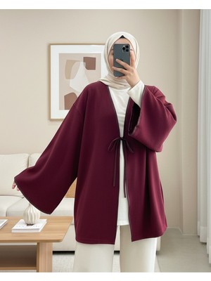Moda Morfo Önü Bağlamalı Deri Detaylı Salaş Kimono  -Bordo
