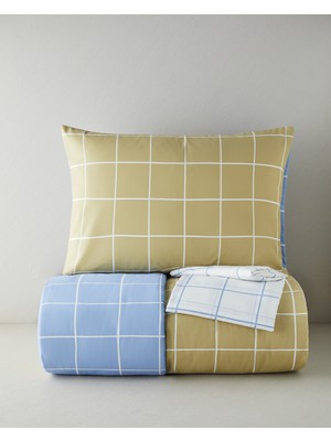English Home Gridline Kolay Ütülenir Çarşaflı Tek Kişilik Nevresim Takımı 160X220 cm Yağ Yeşili- Mavi