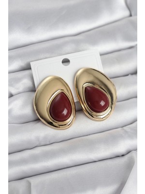 Erbilden Erb Pirinç Gold Renk Bordo Taşlı Damla Model Vintage Kadın Küpe