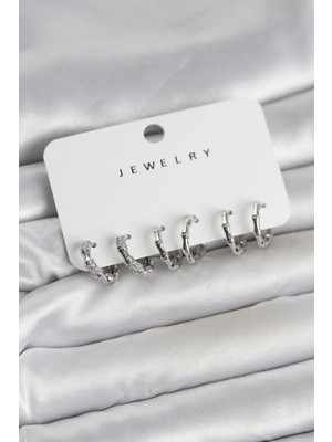 Erbilden Erb Gümüş Renk Pirinç Kemik Model 3 Çift Kadın Küpe Seti