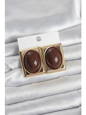 Erbilden Erb Kahverengi Kare Model Vintage Gold Renk Kadın Küpe