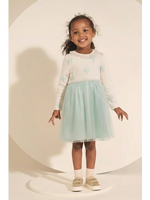 Fiyonk Baskılı Yaka Detaylı Tüllü Kız Çocuk Elbise