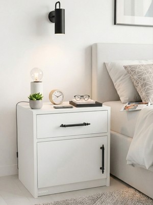 Mobben Beyaz Çekmeceli Kapaklı Komodin Yatak Yanı Yan Sehpası Retro Modern Tasarım