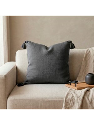 Penelope Nora Püsküllü Kırlent Kılıfı 50X50 cm Koyu Gri