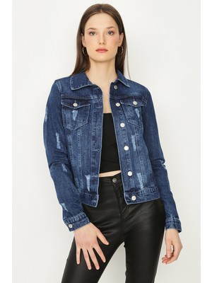 Select Moda Kadın Denim Ceket Mavi Düğmeli Düz Desenli %100 Pamuk Rahat ve Şık