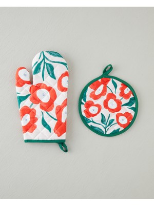 English Home Bright Parade 2'li Fırın Eldiveni ve Tutacak Seti Kırmızı - Yeşil