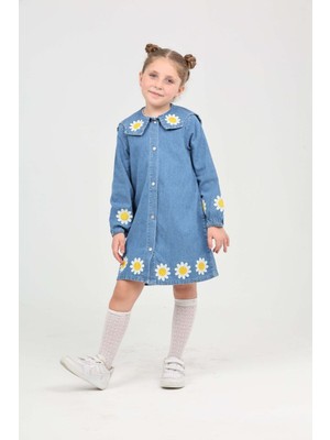Moonch Kız Çocuk Papatya Nakışlı Kot Elbise – Uzun Kollu, Düğmeli, Şık Denim Elbise