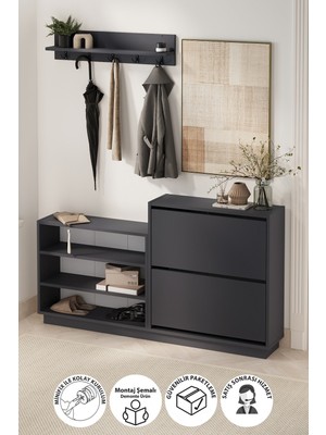 Bofigo Ayakkabılık ve Portmanto Askılık Seti Düşer Kapak Ayakkabılık Elbise Askılığı Serap & Vega Antrasit