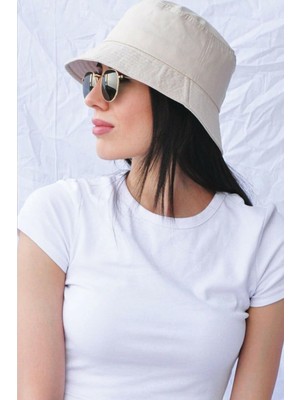 Elif İç Giyim Bej Renkli Kadın Balıkçı Kova Bucket Şapka Pamuk Malzemeden Üretilmiştir