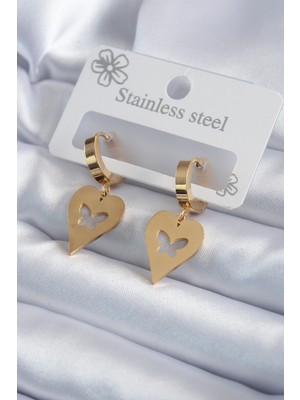 Calperia 316L Çelik Gold Renk Kalp Model Kelebek Işleme Kadın Küpe - TJ-BKP7984