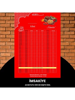 Calperia Ramazan Imsakiyesi - 300 gr - A3 Boyut Kişiye Özel Isimli & Logolu 1 Adet Kırmızı