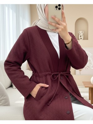 Moda Morfo V Yaka Beli Bağcıklı Cepli Düğmeli Kap -Bordo