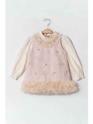 Miniğimin Cicileri Dantel Işlemeli Tül Detaylı Kız Çocuk Elbise ve Çanta Kombin - Pudra