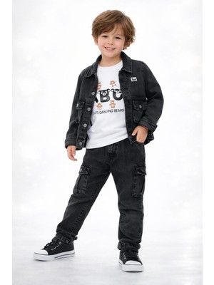 Bubiee Baby Erkek Çocuk Füme Denim Ceketli 3'lü Takım Ayıcık Baskılı Kargo Cepli Alt Üst Set