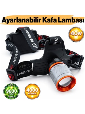 Badem10 Ayarlanabilir Şarjlı Kafa Lambası 40W 4000 Lümen 9600 Mah Güçlü LED Işık Kamp Balıkçı Feneri