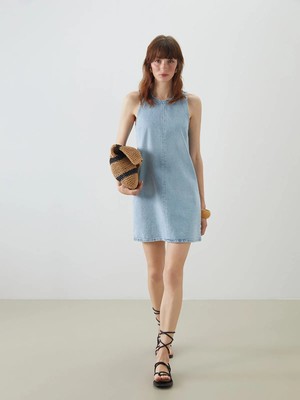 Lc Waikiki Yeni Sezon Halter Yaka A Kesim Mini Jean Elbise