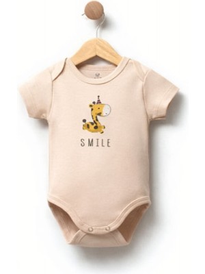 Sunbabyhome %100 Pamuklu Bebek Body - Dino Smile - Bebek Zıbın Badi - Beyaz-Ekru-Bej