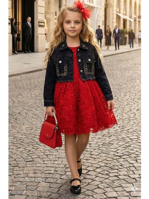 Riccotarz Kız Çocuk Jean Ceketli Dantel Işlemeli Tüllü Kırmızı Abiye