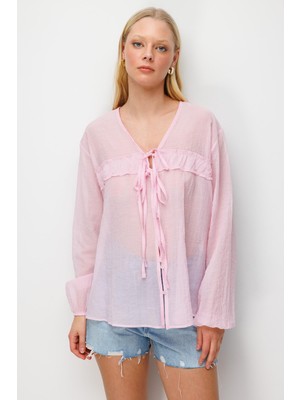 Mixray 4803 Kadın Gül Tülü Transparan Bluz Pembe