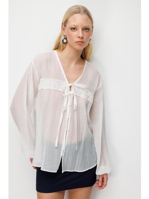 Mixray 4803 Kadın Gül Tülü Transparan Bluz Beyaz