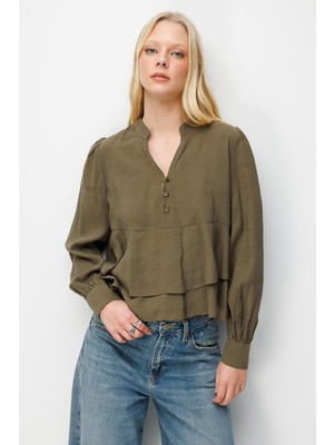 Mixray 4812 Kadın Fırfırlı V Yaka Bluz Haki