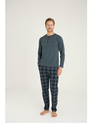 Kly %100 Pamuk Altı Ekose Desenli Uzun Kollu Erkek Pijama Takım