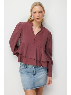 Mixray 4812 Kadın Fırfırlı V Yaka Bluz Mürdüm