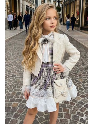 Riccotarz Kız Çocuk Kol Uçları Tüylü Beyaz Şanel Ceket Etek Ucu Dantel Işlemeli Ekose Elbise
