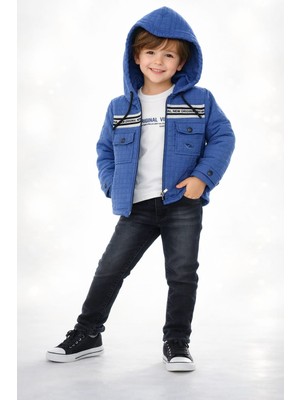 Bubiee Baby Erkek Çocuk Mevsimlik Kapüşonlu Kare Kapitone Ceket ,baskılı Penye ve Jean Pantolon 3'lü Takım