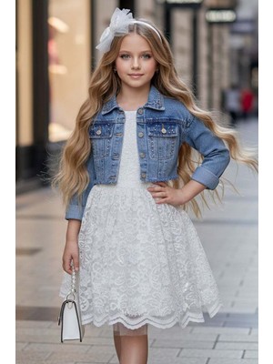 Riccotarz Kız Çocuk Jean Ceketli Dantel Işlemeli Tüllü Beyaz Abiye