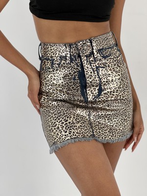 Miss Poem Kadın Önü Leopar Desenli Denim Mavi Kot Etek