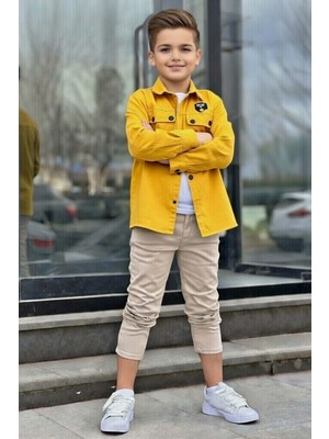 Riccotarz Erkek Çocuk Sırt Baskılı Çıtçıt Düğmeli Sarı Gömlek Dar Kesim Pantolon Alt Üst Takım