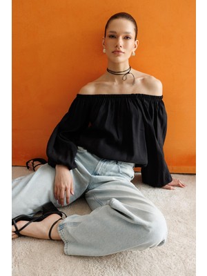 Mixray 4819 Kadın Madonna Yaka Modal Bluz Siyah